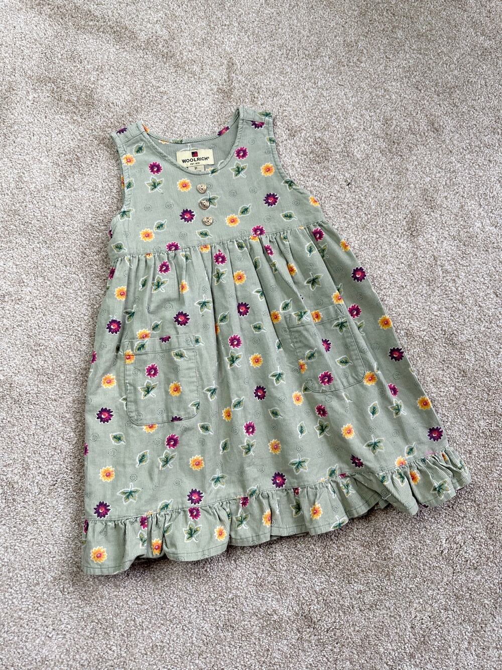 Woolrich Vintage 90s Y2K Green Fall Floral Corduroy Dress Size 3T
